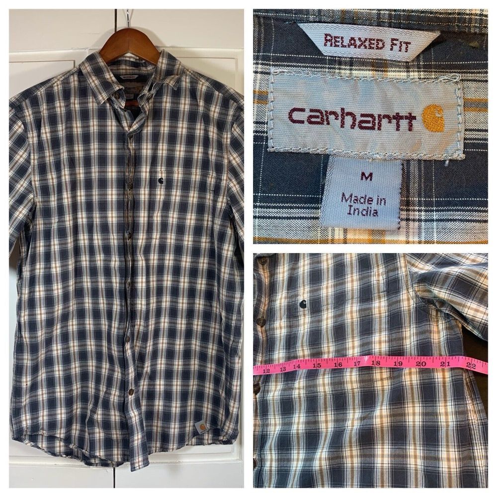 Carhartt Plaid Shirt Men's Medium Relaxed Fit Gray Button Up Short Sleeve Work